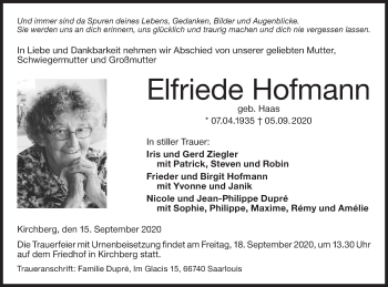 Traueranzeige von Elfriede Hofmann von Hohenloher Tagblatt