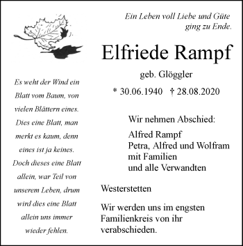 Traueranzeige von Elfriede Rampf von SÜDWEST PRESSE Ausgabe Ulm/Neu-Ulm