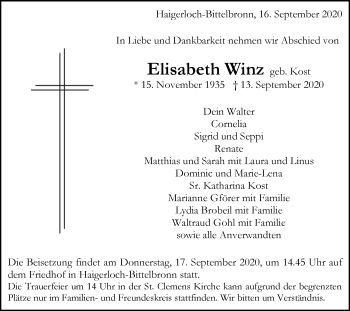 Traueranzeige von Elisabeth Winz von Hohenzollerische Zeitung