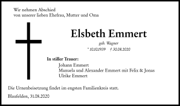 Traueranzeige von Elsbeth Emmert von Hohenloher Tagblatt