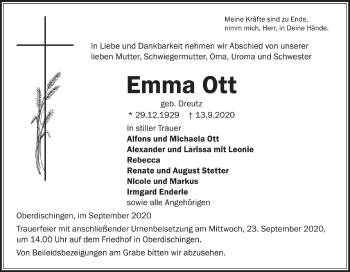 Traueranzeige von Emma Ott von Ehinger Tagblatt