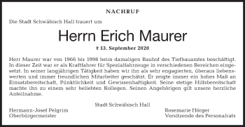 Traueranzeige von Erich Maurer von Haller Tagblatt