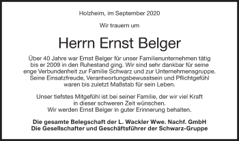 Traueranzeige von Ernst Belger von NWZ Neue Württembergische Zeitung