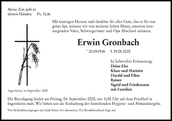 Traueranzeige von Erwin Gronbach von Hohenloher Tagblatt