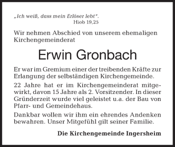 Traueranzeige von Erwin Gronbach von Hohenloher Tagblatt