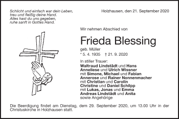 Traueranzeige von Frieda Blessing von NWZ Neue Württembergische Zeitung