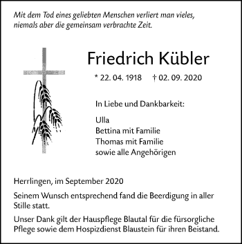 Traueranzeige von Friedrich Kübler von SÜDWEST PRESSE Ausgabe Ulm/Neu-Ulm