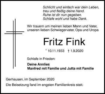 Traueranzeige von Fritz Fink von SÜDWEST PRESSE Ausgabe Ulm/Neu-Ulm