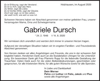 Traueranzeige von Gabriele Dursch von NWZ Neue Württembergische Zeitung