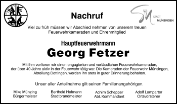 Traueranzeige von Georg Fetzer von Alb-Bote/Metzinger-Uracher Volksblatt