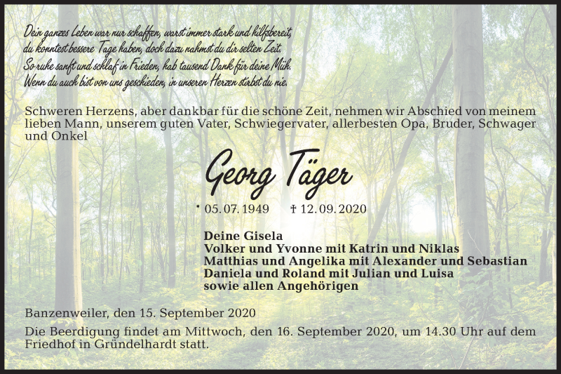  Traueranzeige für Georg Täger vom 15.09.2020 aus Hohenloher Tagblatt