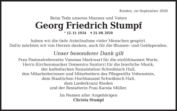 Traueranzeige von Georg Friedrich Stumpf von Haller Tagblatt