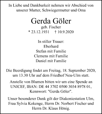 Traueranzeige von Gerda Göler von SÜDWEST PRESSE Ausgabe Ulm/Neu-Ulm