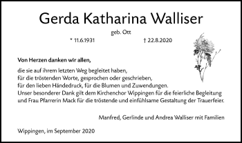 Traueranzeige von Gerda Katharina Walliser von SÜDWEST PRESSE Ausgabe Ulm/Neu-Ulm