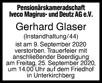 Traueranzeige von Gerhard Glaser von SÜDWEST PRESSE Ausgabe Ulm/Neu-Ulm