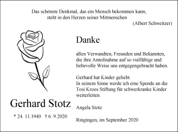 Traueranzeige von Gerhard Stotz von Hohenzollerische Zeitung