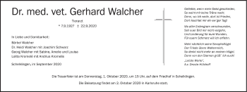 Traueranzeige von Gerhard Walcher von Ehinger Tagblatt