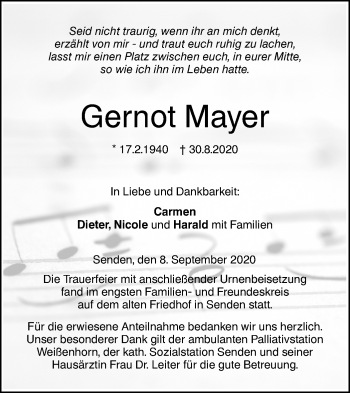 Traueranzeige von Gernot Mayer von SÜDWEST PRESSE Ausgabe Ulm/Neu-Ulm