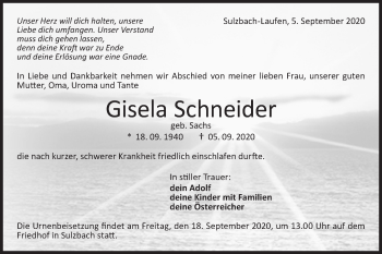 Traueranzeige von Gisela Schneider von Rundschau Gaildorf