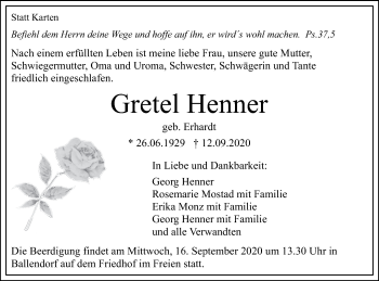 Traueranzeige von Gretel Henner von SÜDWEST PRESSE Ausgabe Ulm/Neu-Ulm