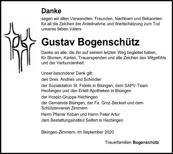 Traueranzeige von Gustav Bogenschütz von Hohenzollerische Zeitung