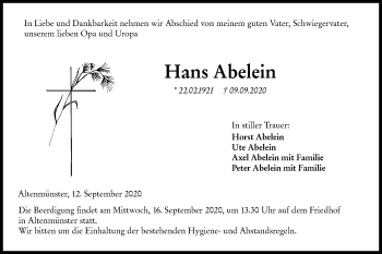 Traueranzeige von Hans Abelein von Hohenloher Tagblatt