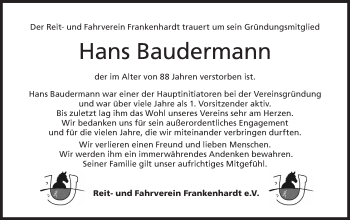 Traueranzeige von Hans Baudermann von Hohenloher Tagblatt