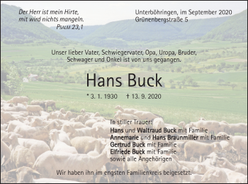 Traueranzeige von Hans Buck von Geislinger Zeitung