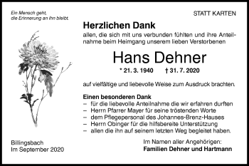 Traueranzeige von Hans Dehner von Hohenloher Tagblatt