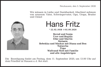 Traueranzeige von Hans Fritz von Rundschau Gaildorf