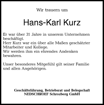 Traueranzeige von Hans-Karl Kurz von Hohenloher Tagblatt