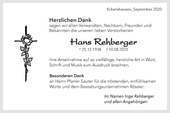 Traueranzeige von Hans Rehberger von Haller Tagblatt