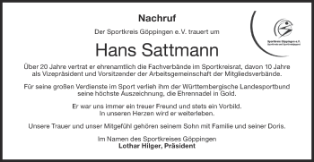 Traueranzeige von Hans Sattmann von NWZ Neue Württembergische Zeitung