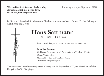 Traueranzeige von Hans Sattmann von NWZ Neue Württembergische Zeitung