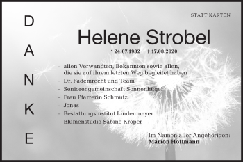 Traueranzeige von Helene Strobel von Hohenloher Tagblatt