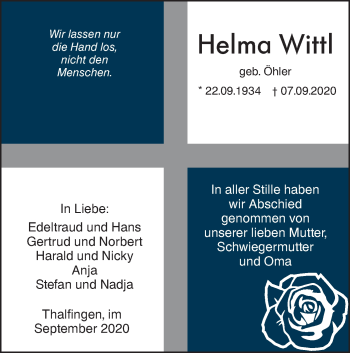 Traueranzeige von Helma Wittl von SÜDWEST PRESSE Ausgabe Ulm/Neu-Ulm