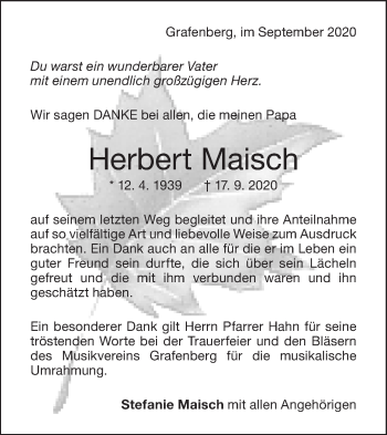 Traueranzeige von Herbert Maisch von Metzinger-Uracher Volksblatt