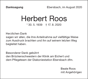 Traueranzeige von Herbert Roos von NWZ Neue Württembergische Zeitung