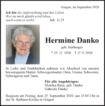 Traueranzeige von Hermine Danko von Geislinger Zeitung