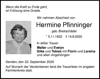 Traueranzeige von Hermine Pfinninger von SÜDWEST PRESSE Ausgabe Ulm/Neu-Ulm