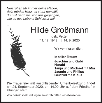 Traueranzeige von Hilde Großmann von NWZ Neue Württembergische Zeitung