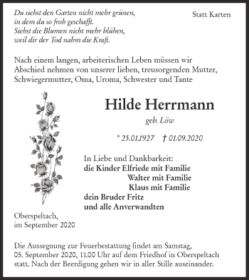 Traueranzeige von Hilde Herrmann von Hohenloher Tagblatt