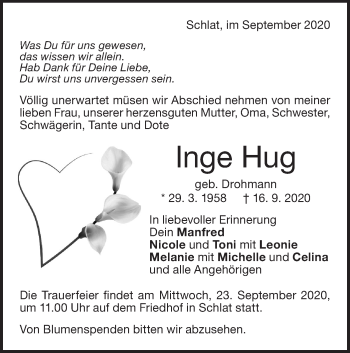 Traueranzeige von Inge Hug von NWZ Neue Württembergische Zeitung