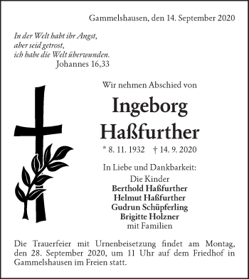 Traueranzeige von Ingeborg Haßfurther von NWZ Neue Württembergische Zeitung