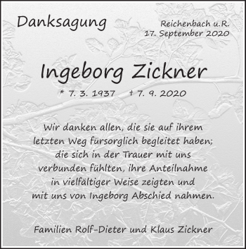 Traueranzeige von Ingeborg Zickner von NWZ Neue Württembergische Zeitung