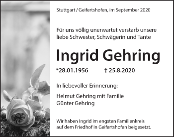 Traueranzeige von Ingrid Gehring von Haller Tagblatt