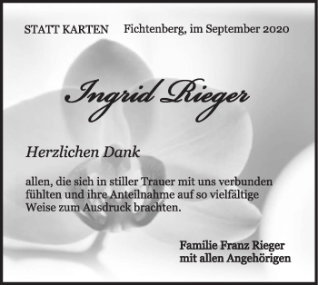 Traueranzeige von Ingrid Rieger von Rundschau Gaildorf