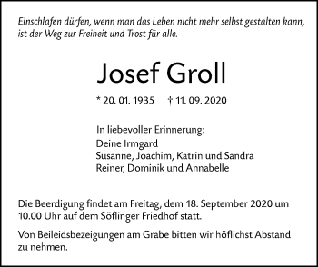 Traueranzeige von Josef Groll von SÜDWEST PRESSE Ausgabe Ulm/Neu-Ulm