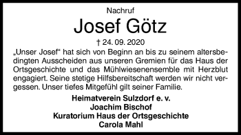 Traueranzeige von Josef Götz von Haller Tagblatt