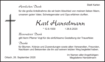 Traueranzeige von Karl Hanselmann von Haller Tagblatt